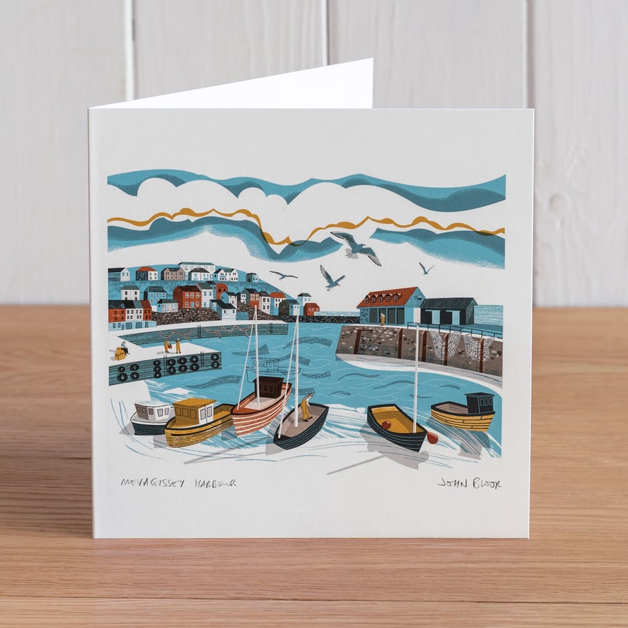 "Mevagissey Harbour" greetings card, blank inside