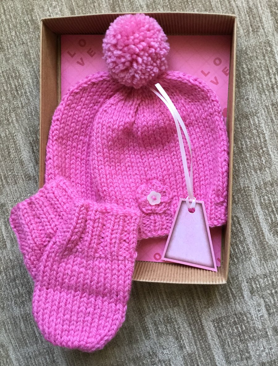 Hand Knitted Baby Pompom Bobble Hat and Mittens Gift Set in Pink