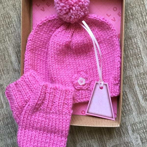 Hand Knitted Baby Pompom Bobble Hat and Mittens Gift Set in Pink