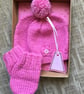 Hand Knitted Baby Pompom Bobble Hat and Mittens Gift Set in Pink - Image 1