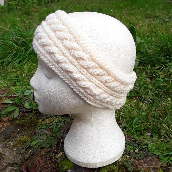 Hand knitted ladies cream headband ear warmer with double rope cable 