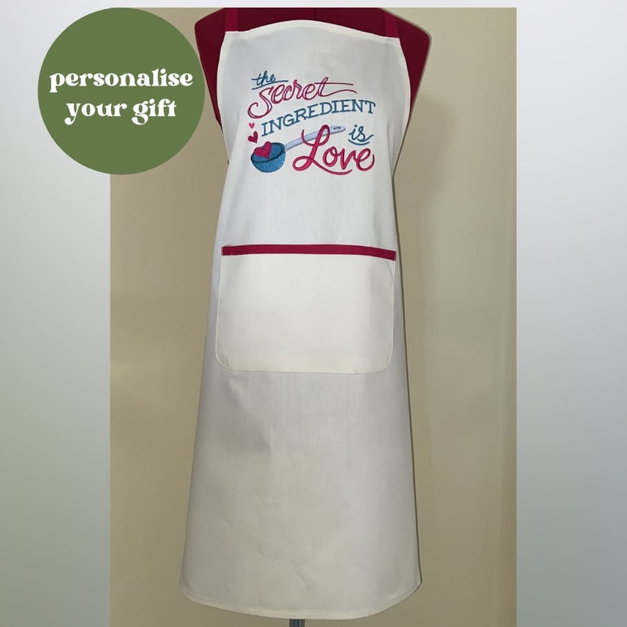 Chef Style Apron In Cream Embroidered with 'The Secret Ingredient Is Love'