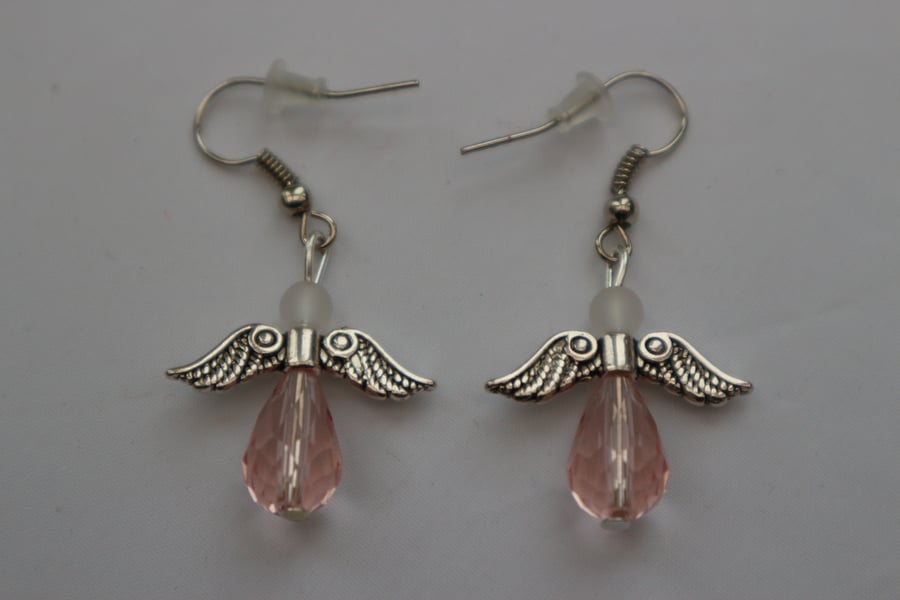 Silver plated beaded earrings- silver Christmas angel delicate pink