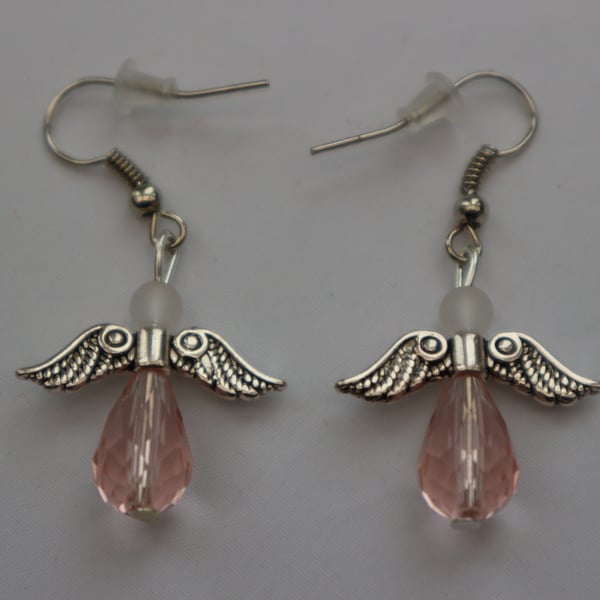 Silver plated beaded earrings- silver Christmas angel delicate pink