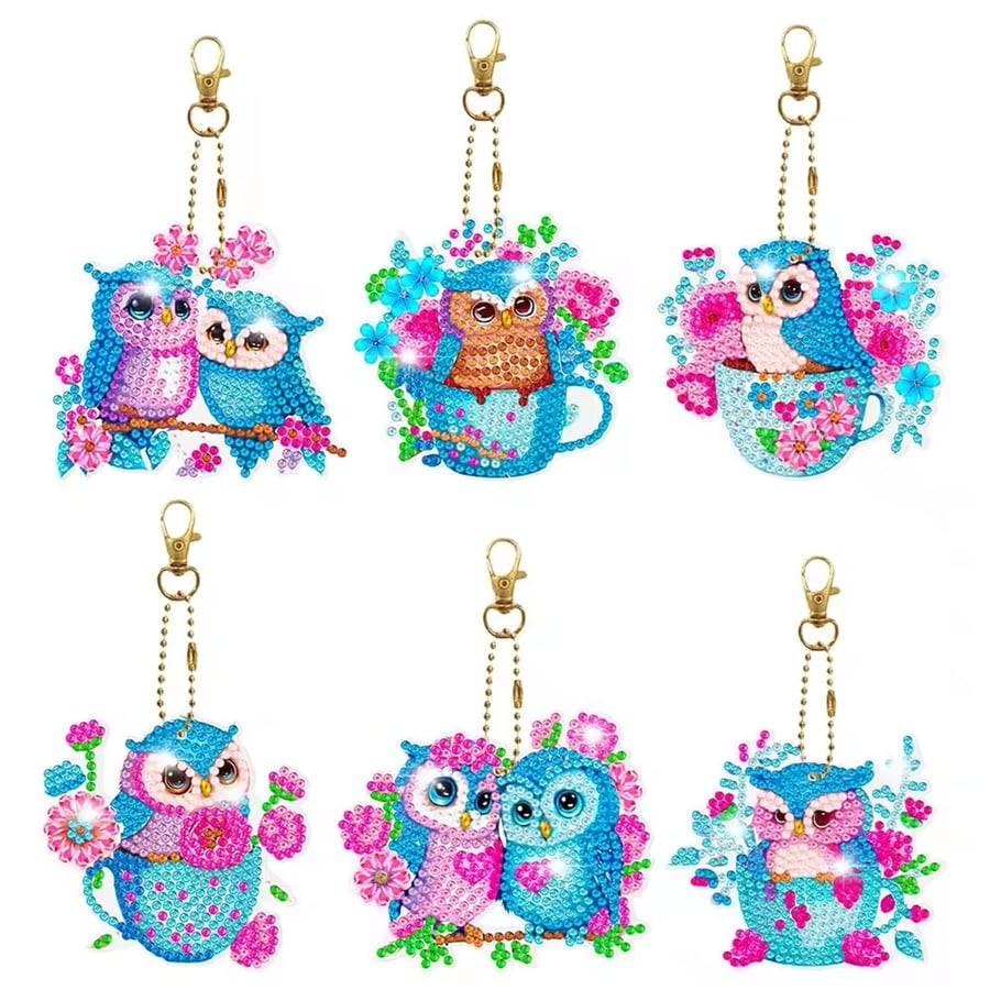 6pcs 5D DIY Assorted Owl Diamond Painting Keyrings Kit for Adults