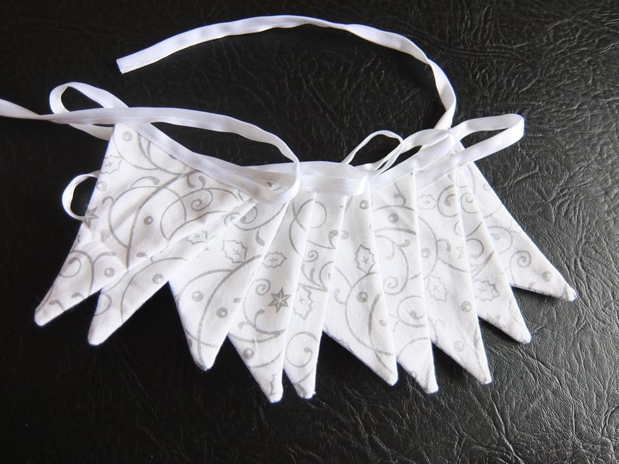 white & silver Bunting on a white ribbon, bunting with small white and silver fl