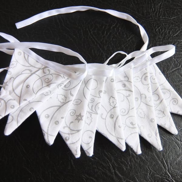 white & silver Bunting on a white ribbon, bunting with small white and silver fl