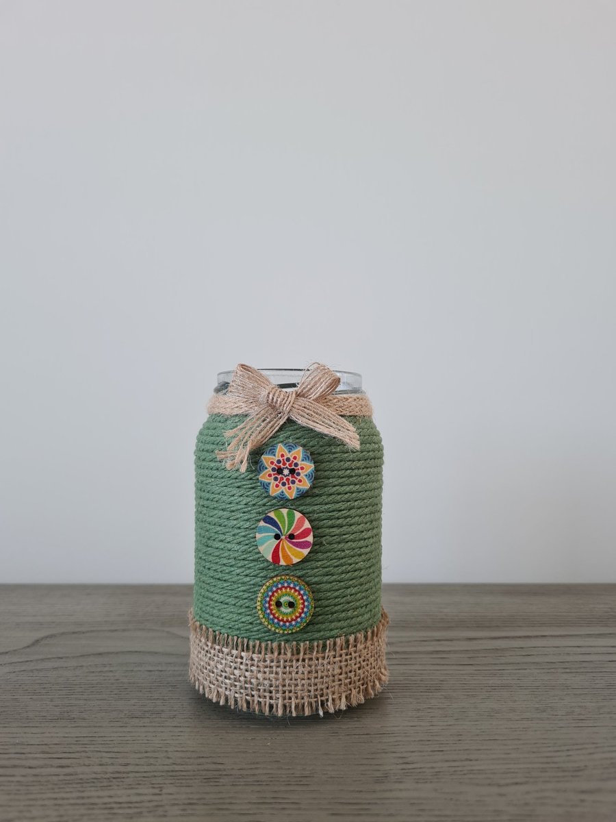 Green Rope Wrapped Jar-Colourful Button Detail-Rustic Home Decor-Handmade Gift