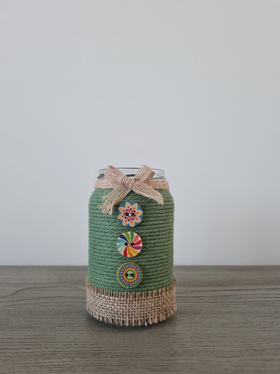 Green Rope Wrapped Jar-Colourful Button Detail-Rustic Home Decor-Handmade Gift