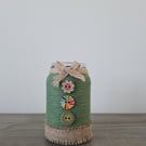 Green Rope Wrapped Jar-Colourful Button Detail-Rustic Home Decor-Handmade Gift