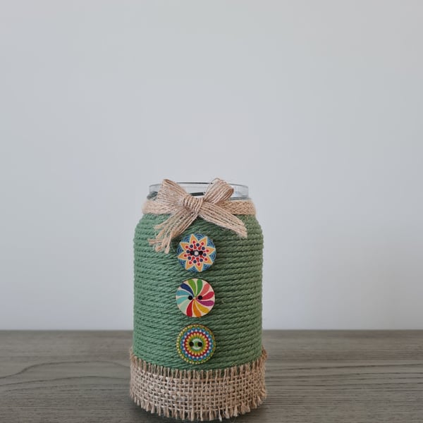 Green Rope Wrapped Jar-Colourful Button Detail-Rustic Home Decor-Handmade Gift