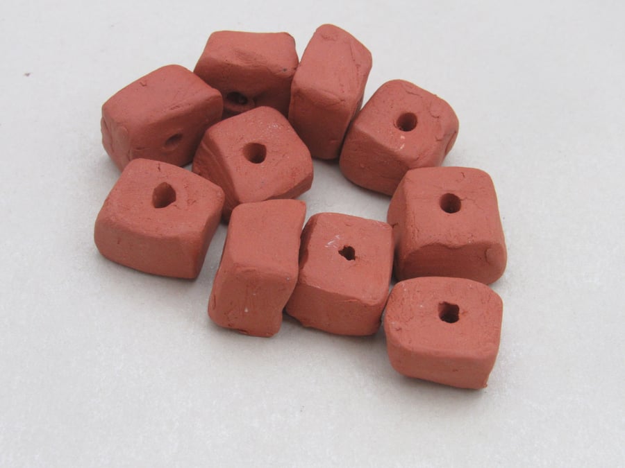 10 Small Unglazed Terracotta Flat Cube Clay Beads