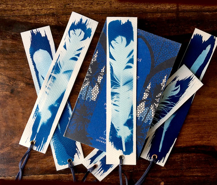Cyanotype Sun Print Feather Design Bookmark