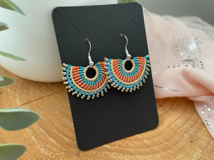 Boho earrings, micro macrame beaded fan shape earrings 