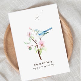 Blue Bird & Pink flowers (Happy Birthday - enjoy your special day)