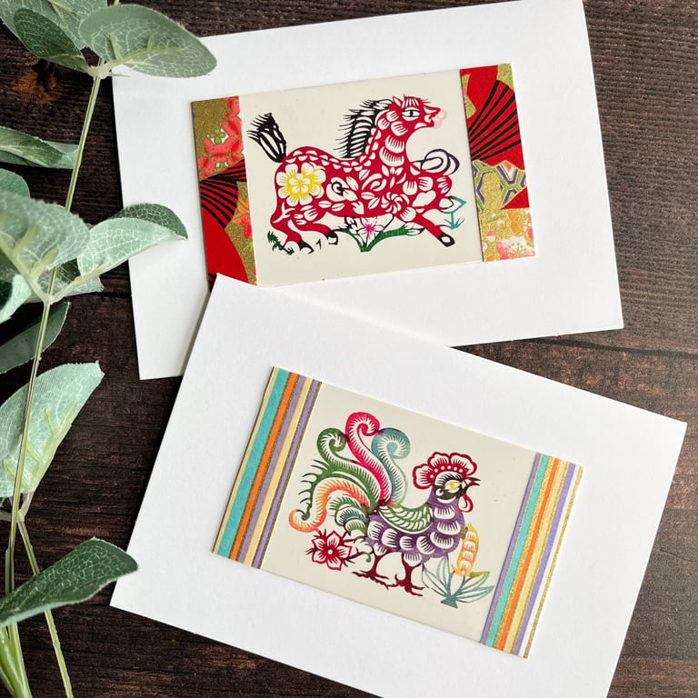 Chinese paper-cut cards, horse and rooster, card for horse lover, quirky cards