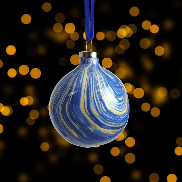 Christmas bauble ceramic hand marbled 5cm round in blue and gold stripes