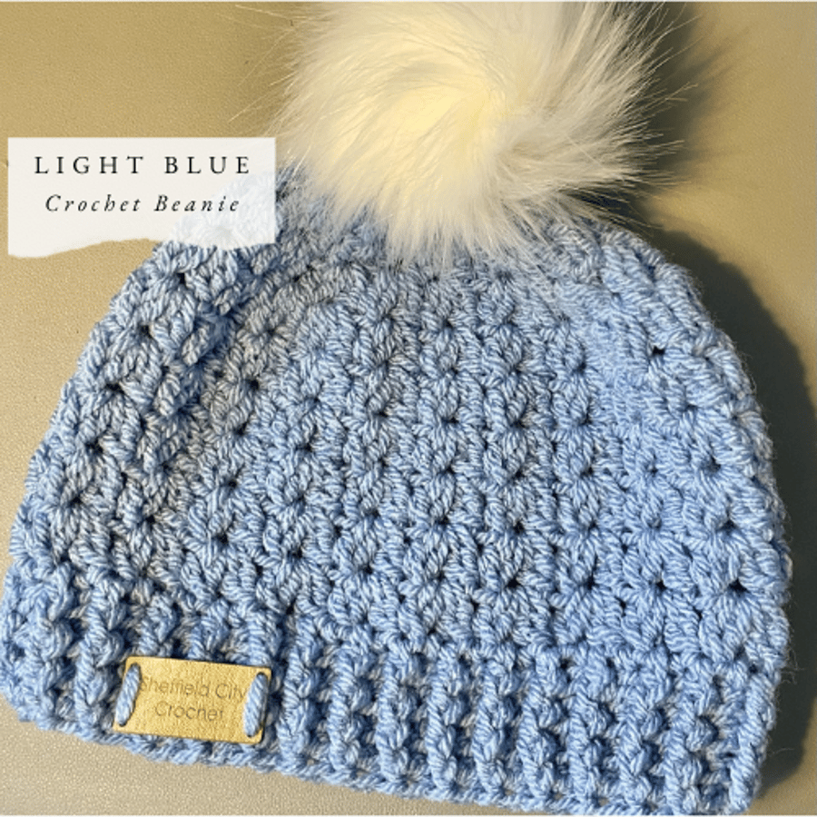 Hand Crocheted Light Blue Chunky Beanie In Small Adult Size