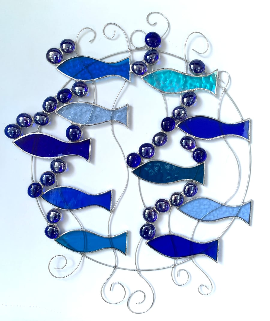 Stained Glass Circle of Fish Suncatcher - Handmade Hanging Window Decoration 