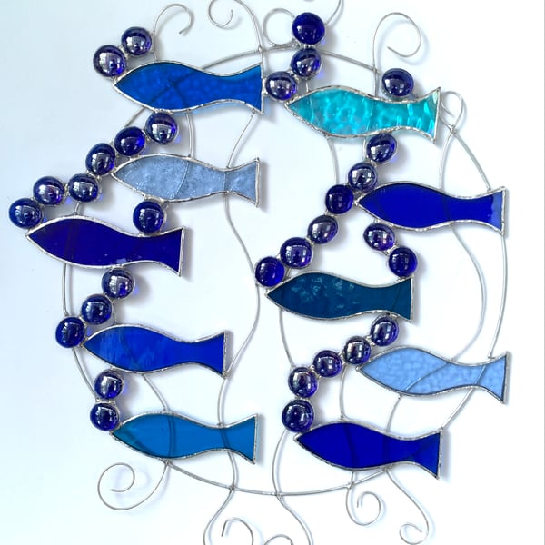 Stained Glass Circle of Fish Suncatcher - Handmade Hanging Window Decoration 