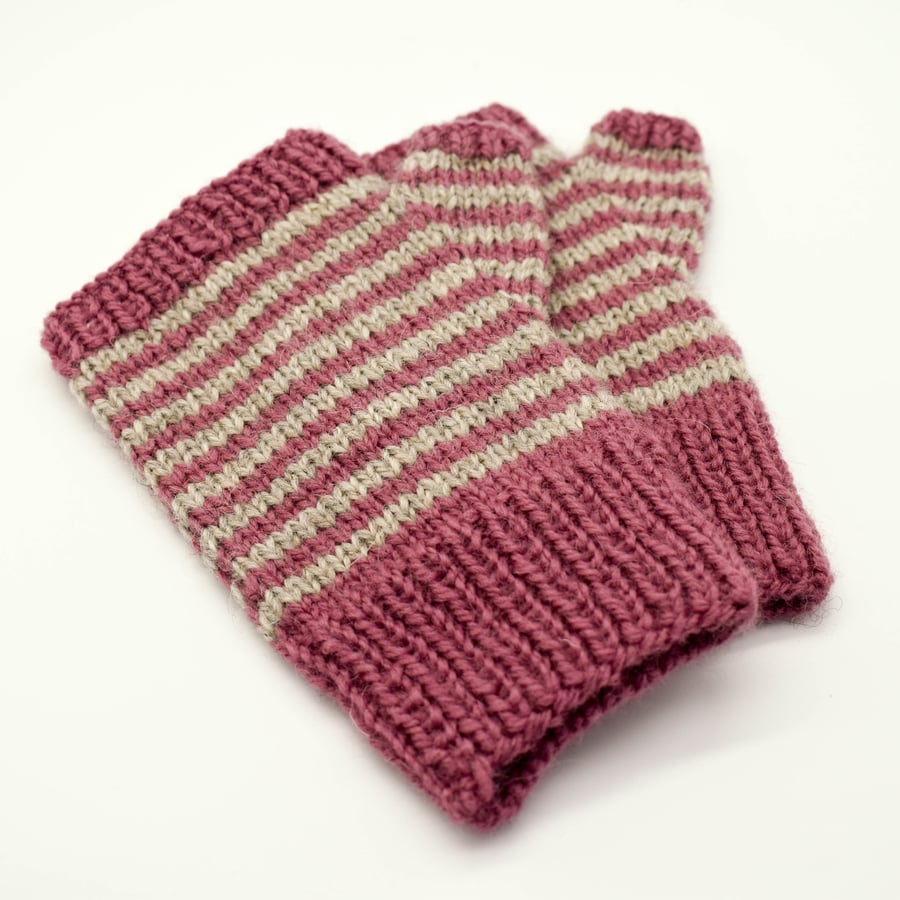 SOLD - Hand Knitted fingerless mittens - Small - pink and grey stripes
