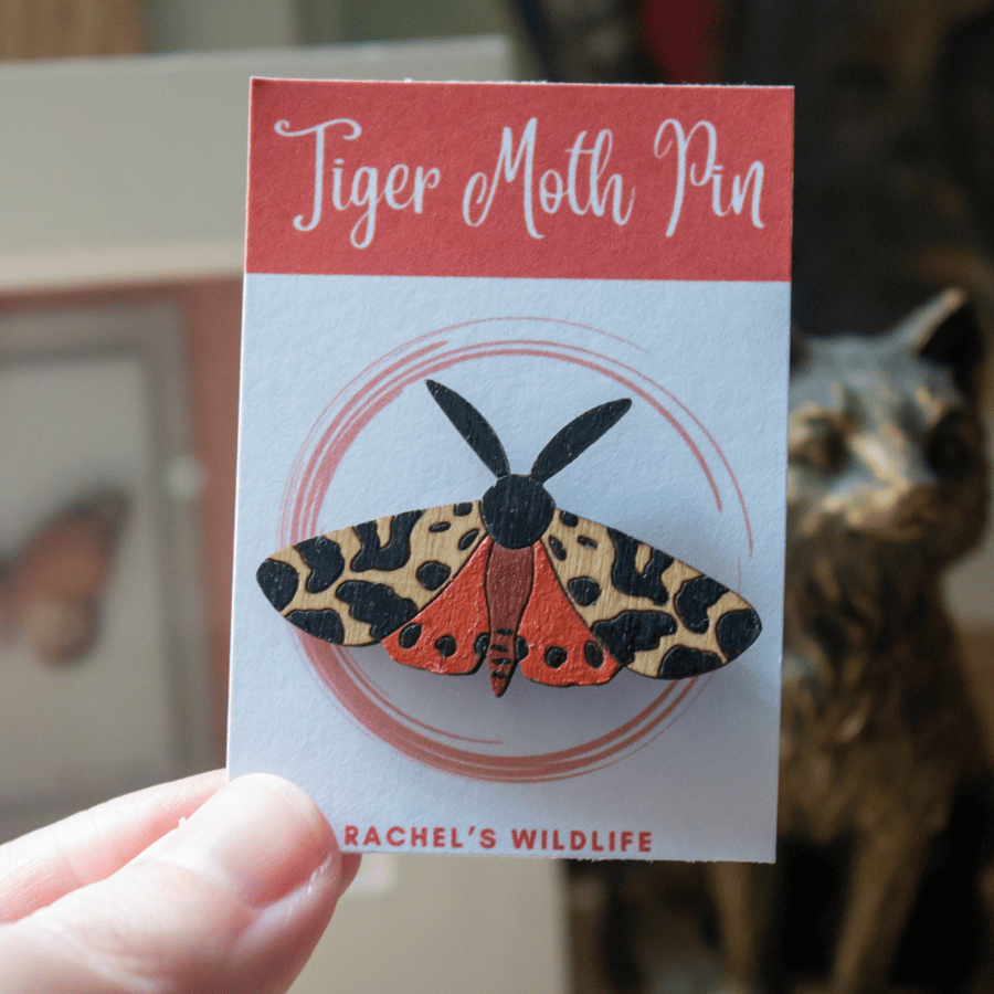 Tiger Moth Wooden Pin Badge – Hand-Painted Insect Brooch for Nature Lovers