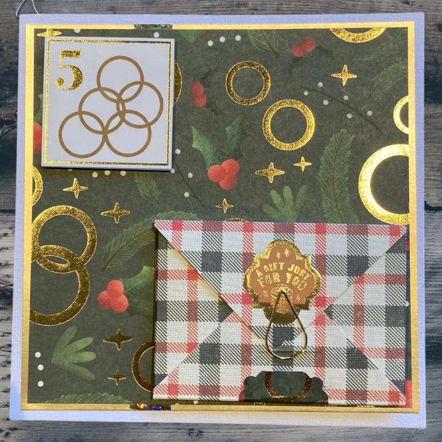 ‘Five gold rings’ Christmas card with envelope for a gift card or money. 