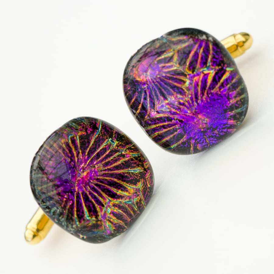 Dichroic Glass Cufflinks - Purple Stars - 4046