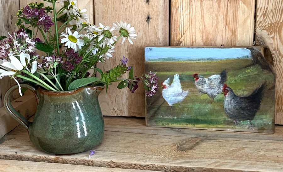Original acrylic painting of hens on reclaimed timber