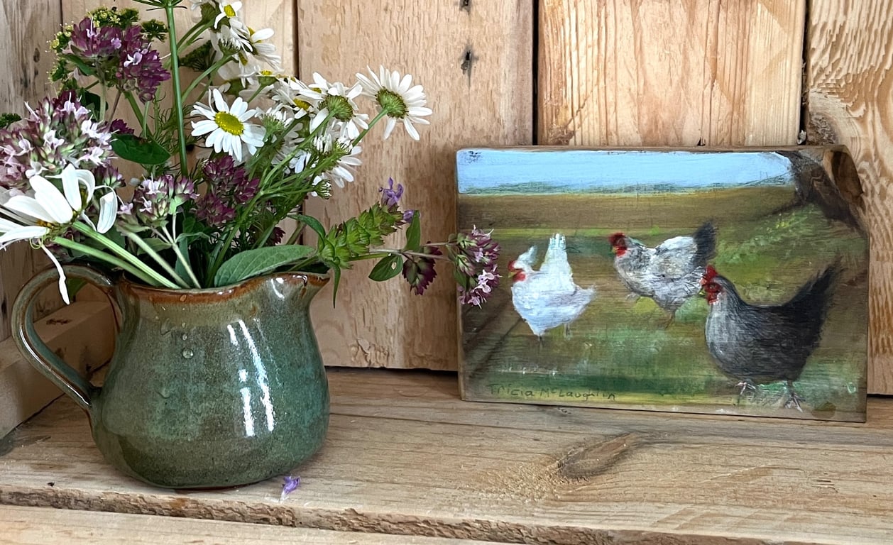 Original acrylic painting of hens on reclaimed timber