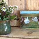 Original acrylic painting of hens on reclaimed timber