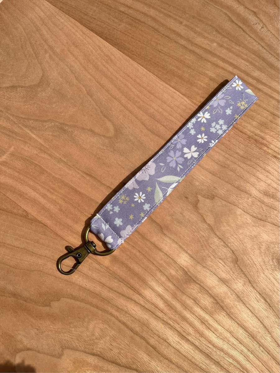 Purple Wildflower Fabric Wristlet Keyfob Lanyard Keychain with Lobster Claw