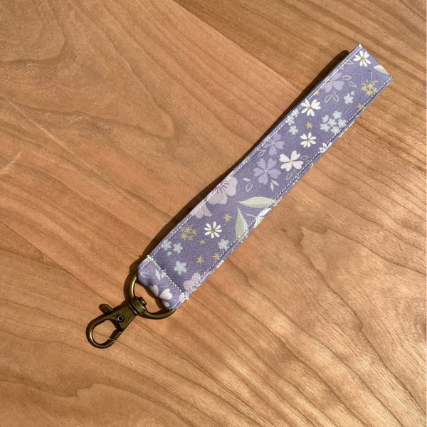 Purple Wildflower Fabric Wristlet Keyfob Lanyard Keychain with Lobster Claw