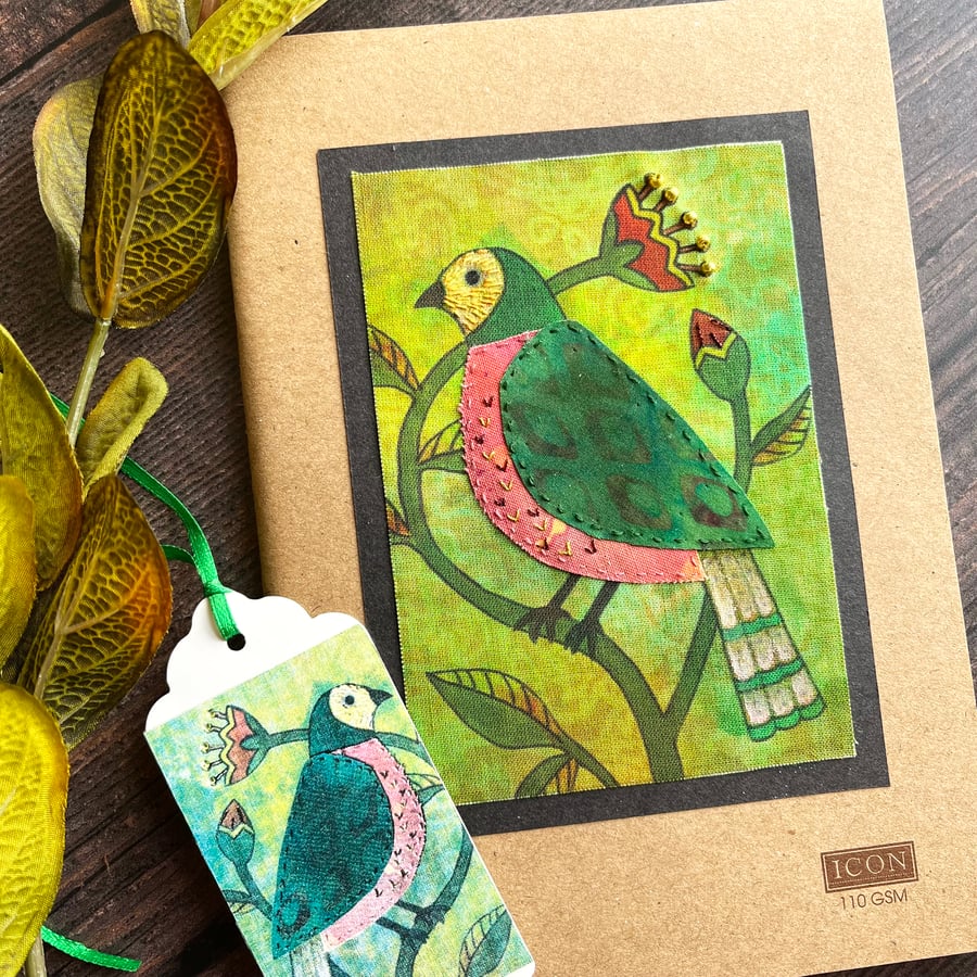Decorated A5 sketchbook, textile folk bird, gift for artist or bird lover