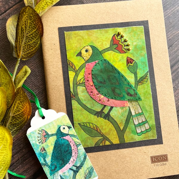 Decorated A5 sketchbook, textile folk bird, gift for artist or bird lover