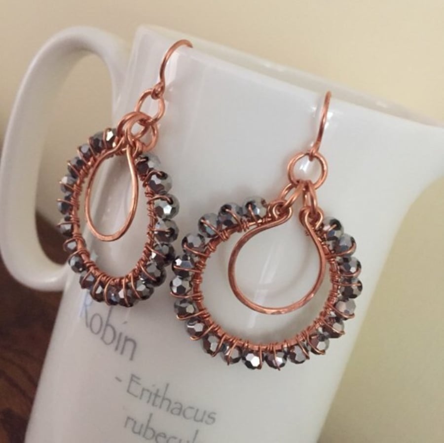 Dark grey crystal wire wrapped copper hoop earrings 