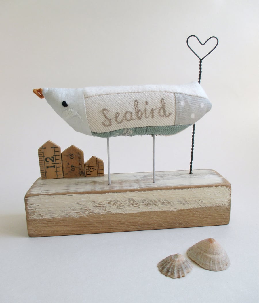 SALE - Fabric Sea Bird - Seagull with Wire Heart and Little Recycled Ruler Huts