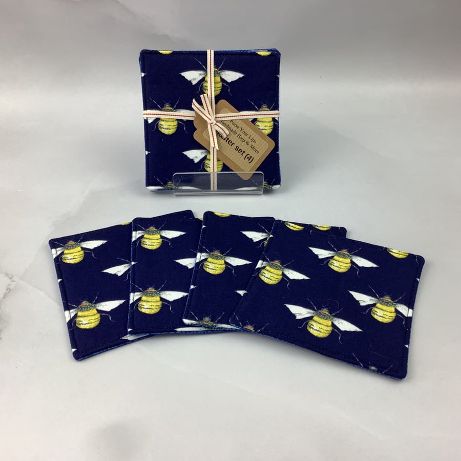 Image of Bee coasters set of 4, bumble bee fabric coasters, Handmade