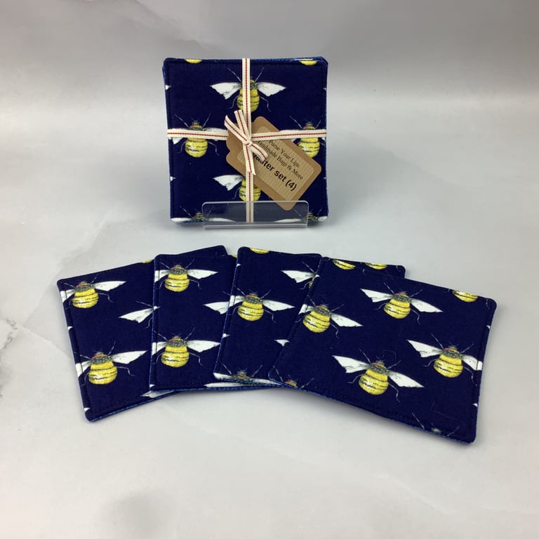 Bee coasters set of 4, bumble bee fabric coasters, Handmade