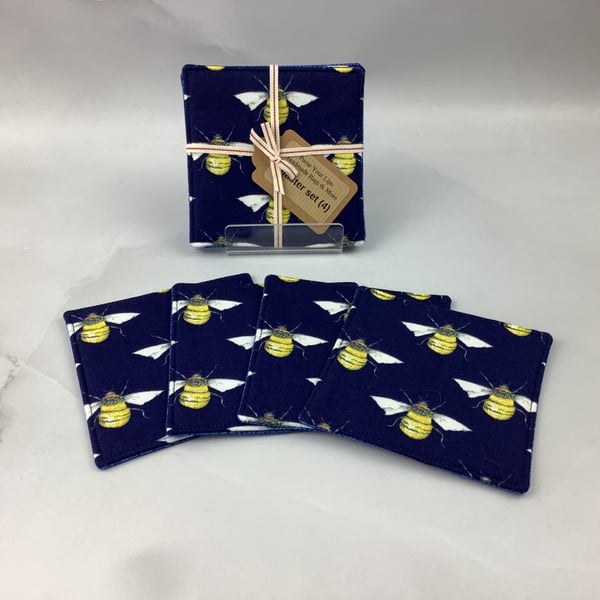 Bee coasters set of 4, bumble bee fabric coasters, Handmade