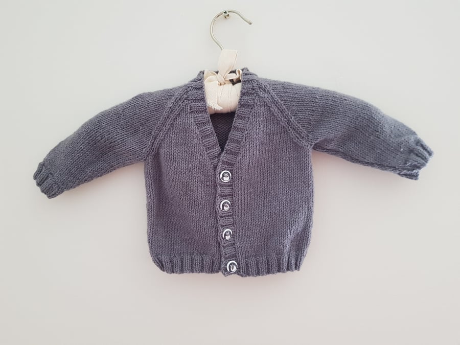 Hand Knitted Grey baby Cardigan 18" chest, age 3-6 months