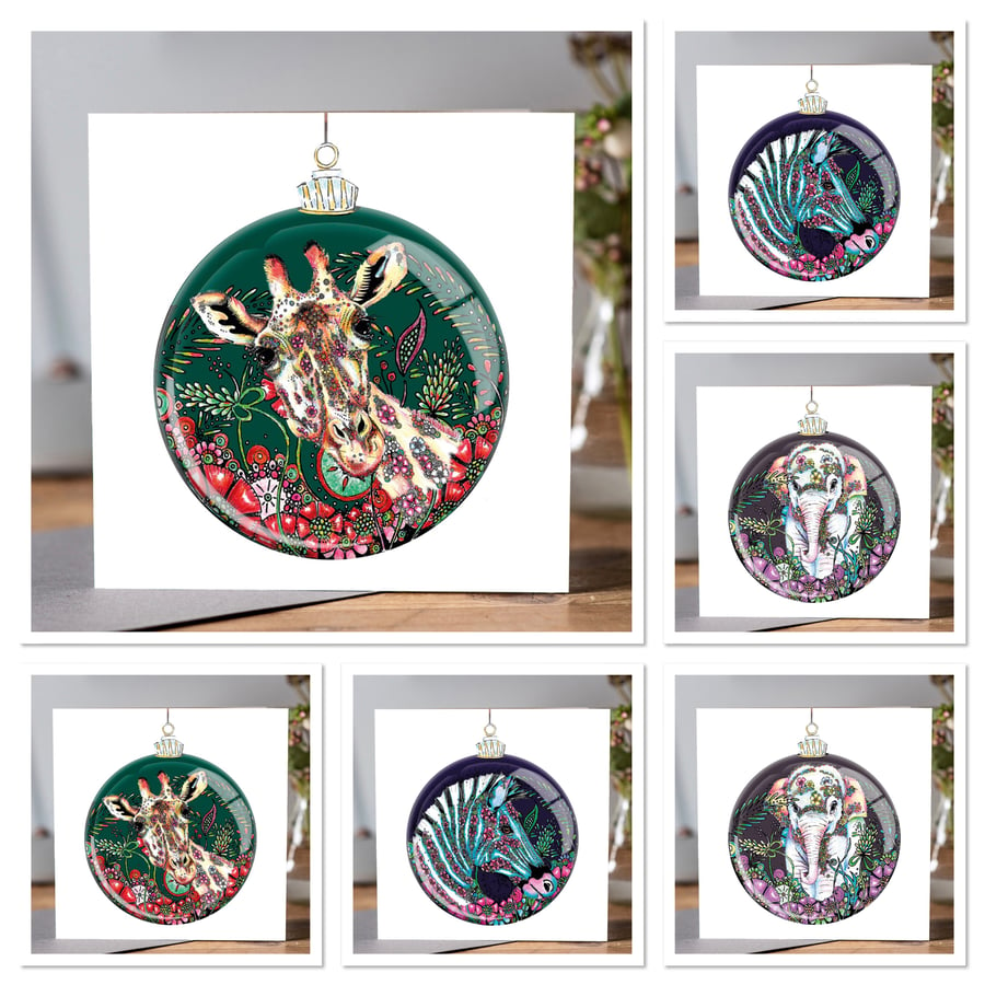 6 different animal bauble greeting card designs 