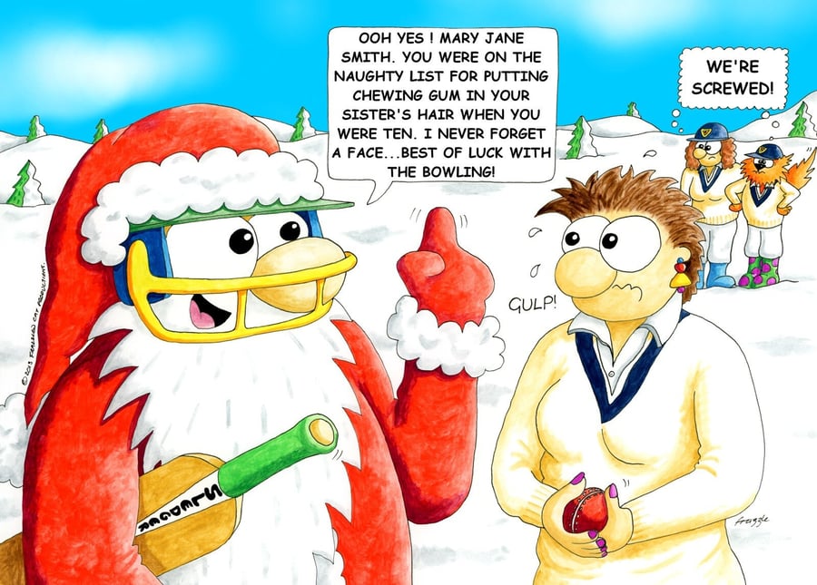 Womens cricket Christmas card.. Santa sledge... Funny cartoon card   FREE UK P&P