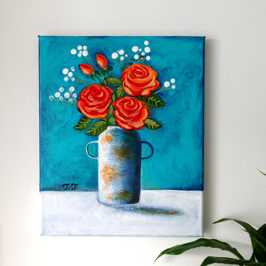 Orange Roses Still Life Floral Painting, Original Acrylic Artwork, Flower Art