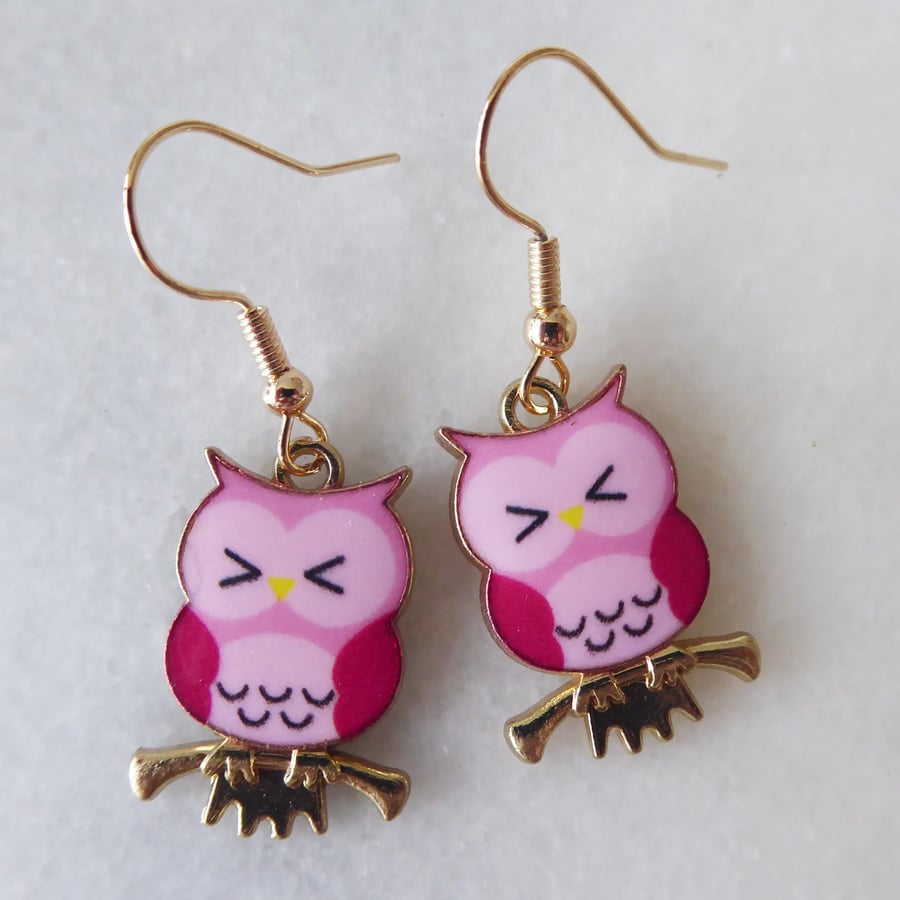 Image of Cute Pink Owl Earrings with KC Gold Ear Wires
