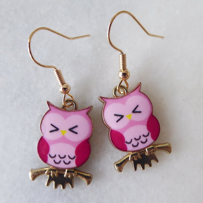 Cute Pink Owl Earrings with KC Gold Ear Wires