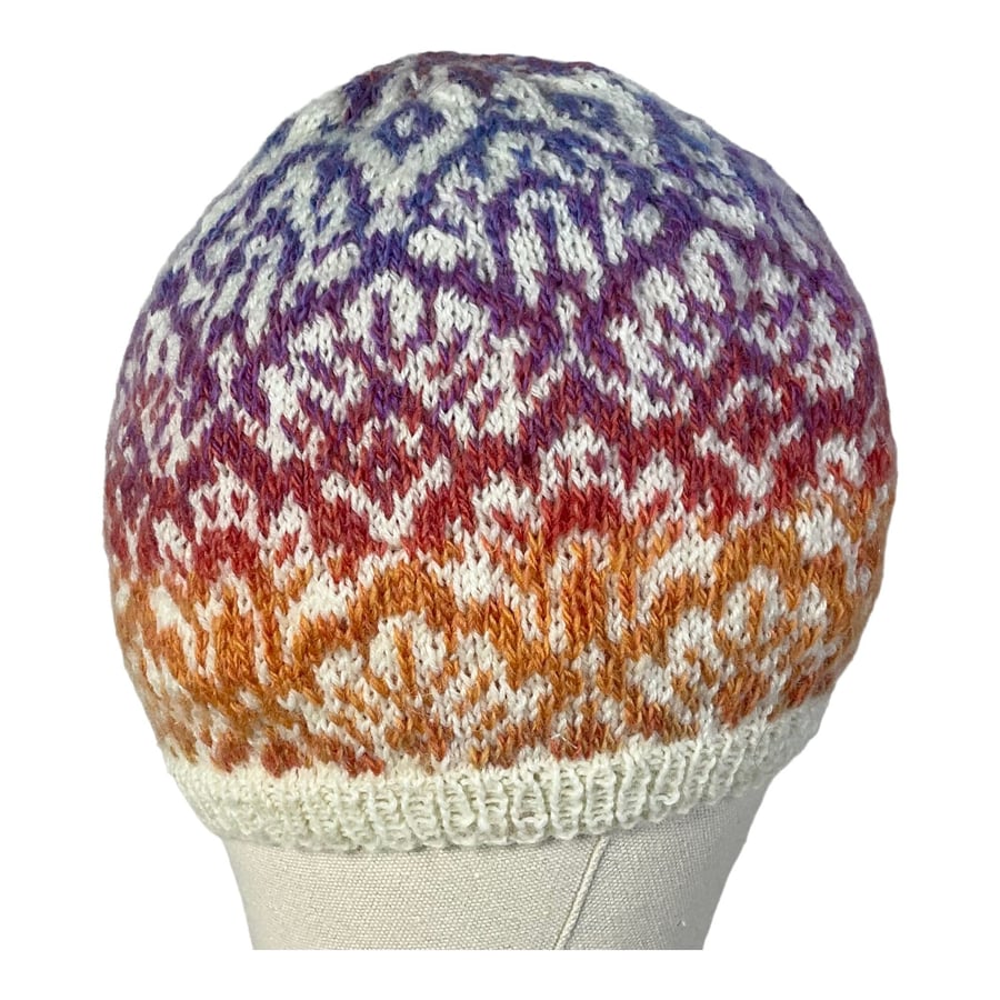 stranded hat with a colourful clouds pattern Norwegian beret, slouchy red hat, h