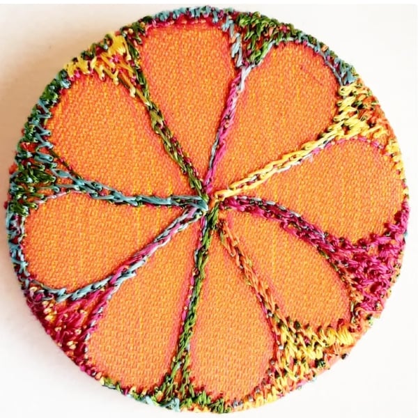 38mm Badge Hand Dyed Fabric Floral badge with Free Machine Embroidery 