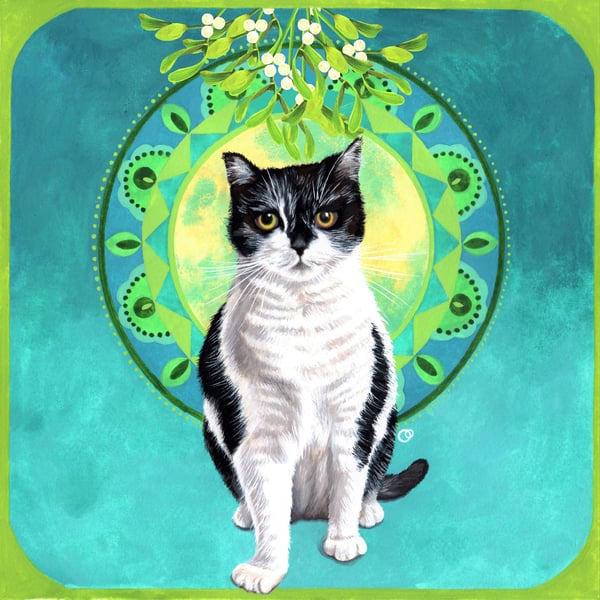Mistletoe Art Nouveau Cat Handmade Christmas Card