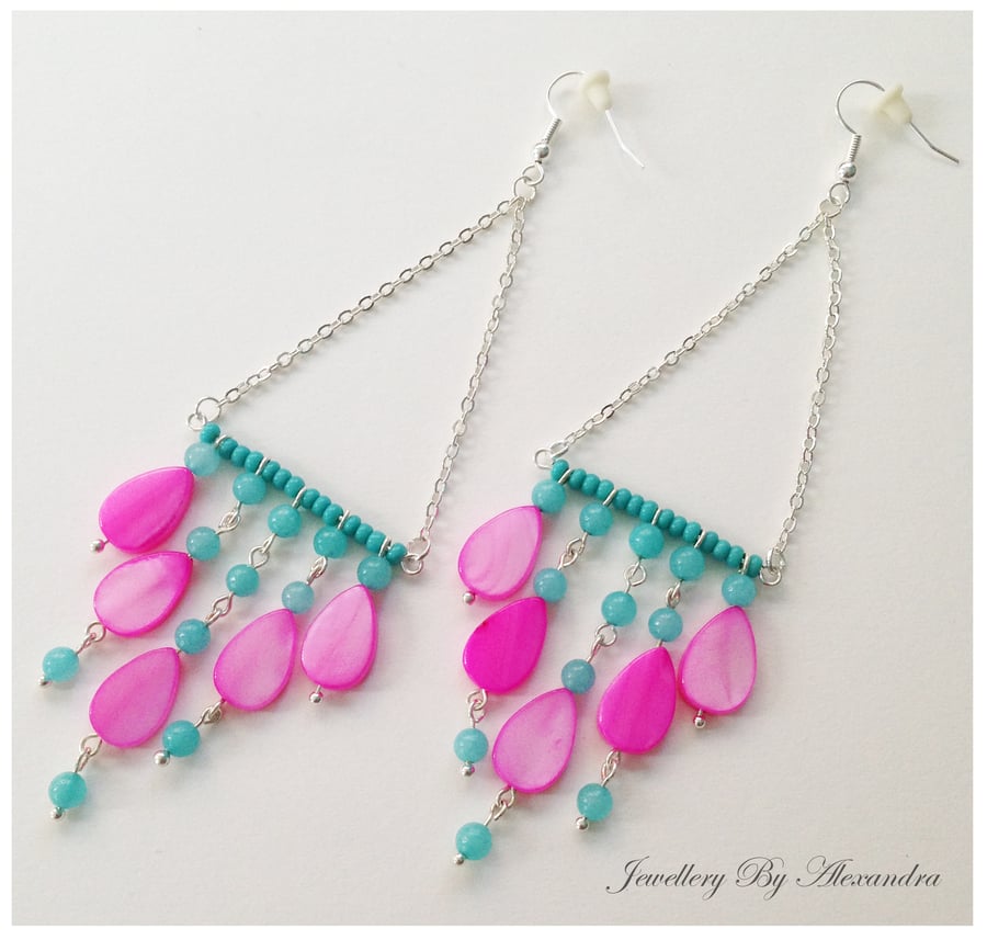 Shell Drops and Quartzite Earrings - Teal and H - Folksy
